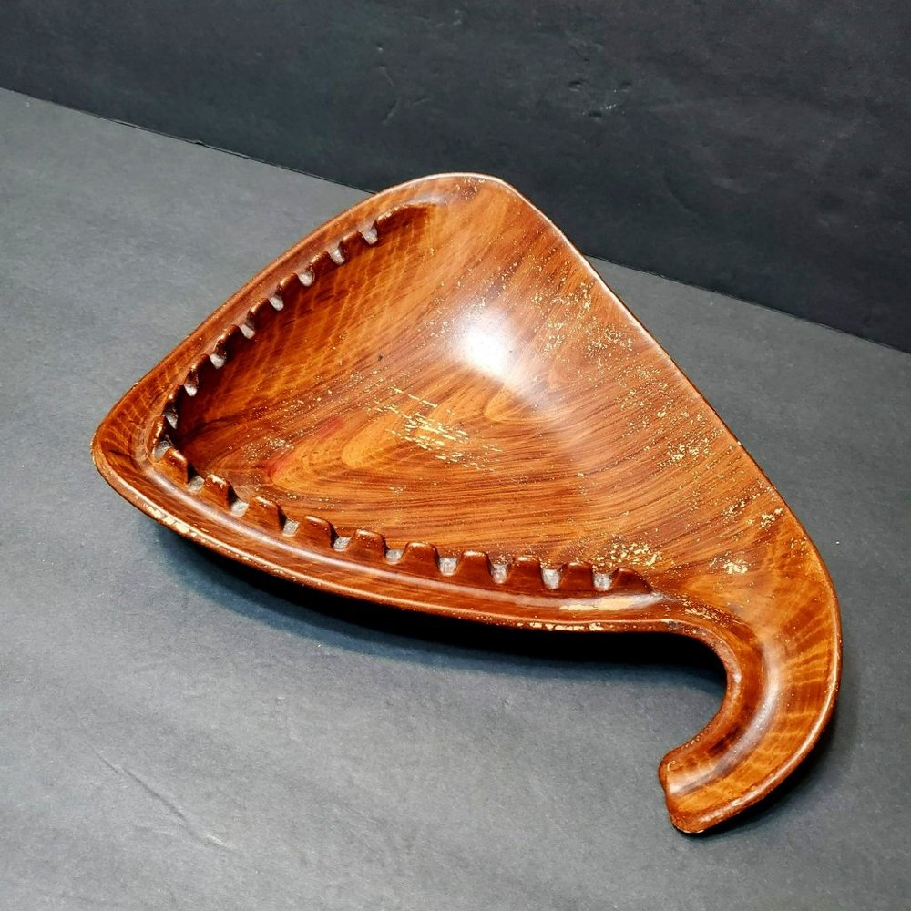 Vintage Mid Century California Original Pottery Ashtray, Atomic Faux Teak Wood